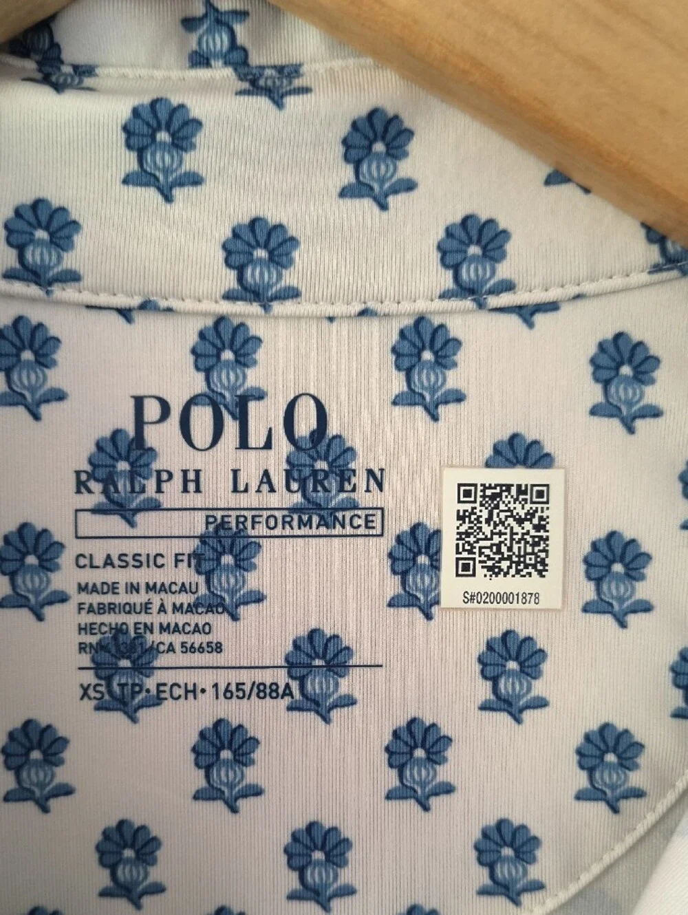 Ralph Lauren White Polo with Blue Micro Floral Pattern